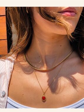 Leeada Millie Gold Necklace with Deep Red Stone Pendant 18-20” NEW in package